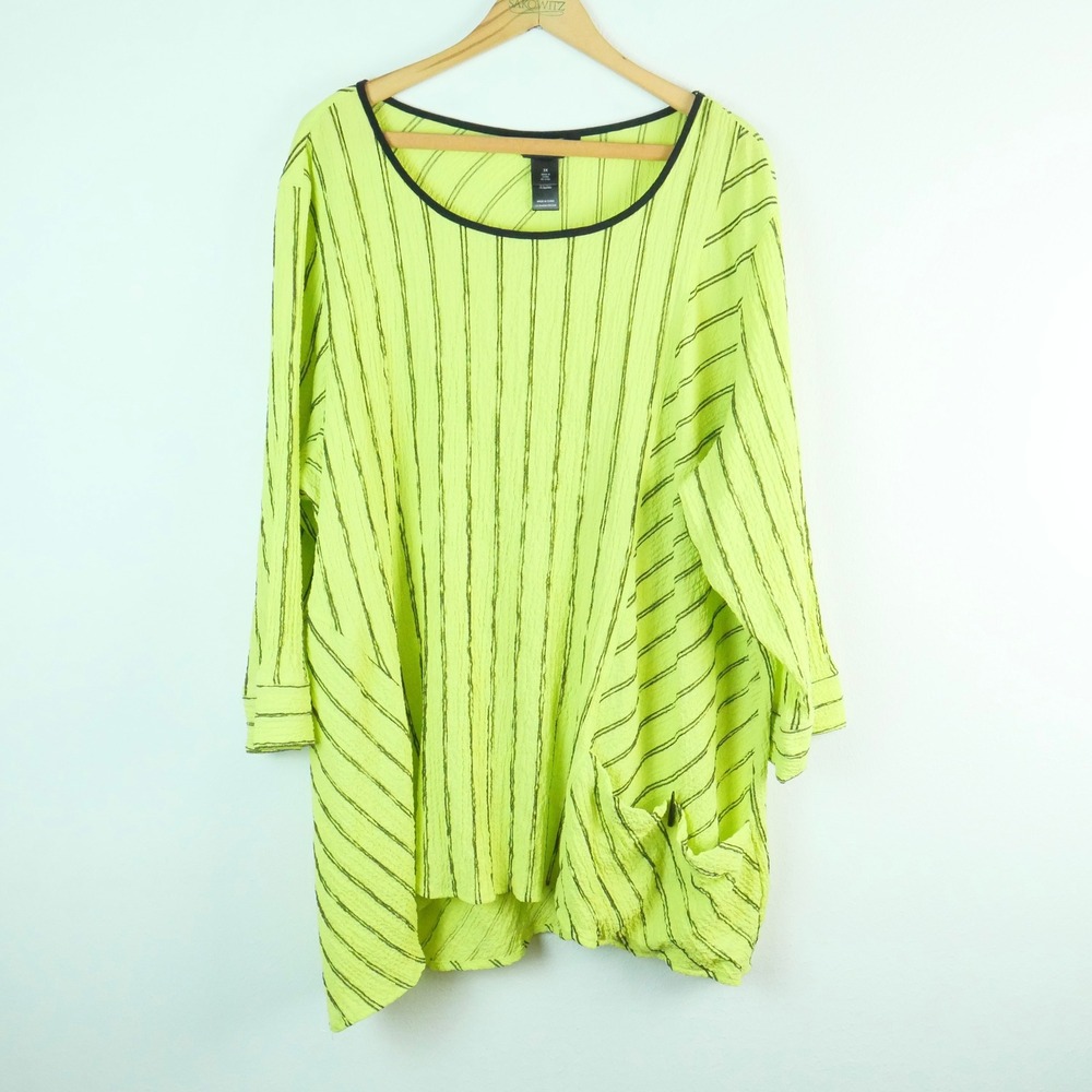Ali Miles Neon Chartreuse Striped Textured Tunic Top 3X Artsy Art to Wear